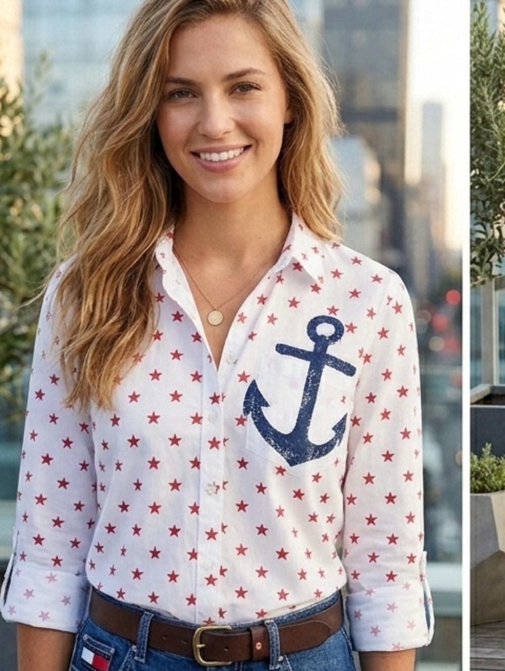 Tommy Hilfiger Nautical Anchor Star Button Up Shirt SP Women's NWOT - Picture 1 of 16